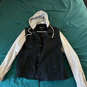 Matix Black Denim Jacket with Gray Hoodie and sleeve